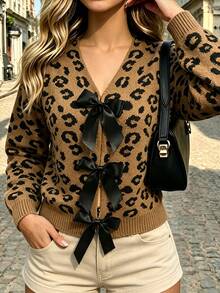 SHEIN PariChic Textured Bow Knitted Cardigan, Short V-Neck Loose Lantern Sleeve Sweater Jacket - Camel - View 4