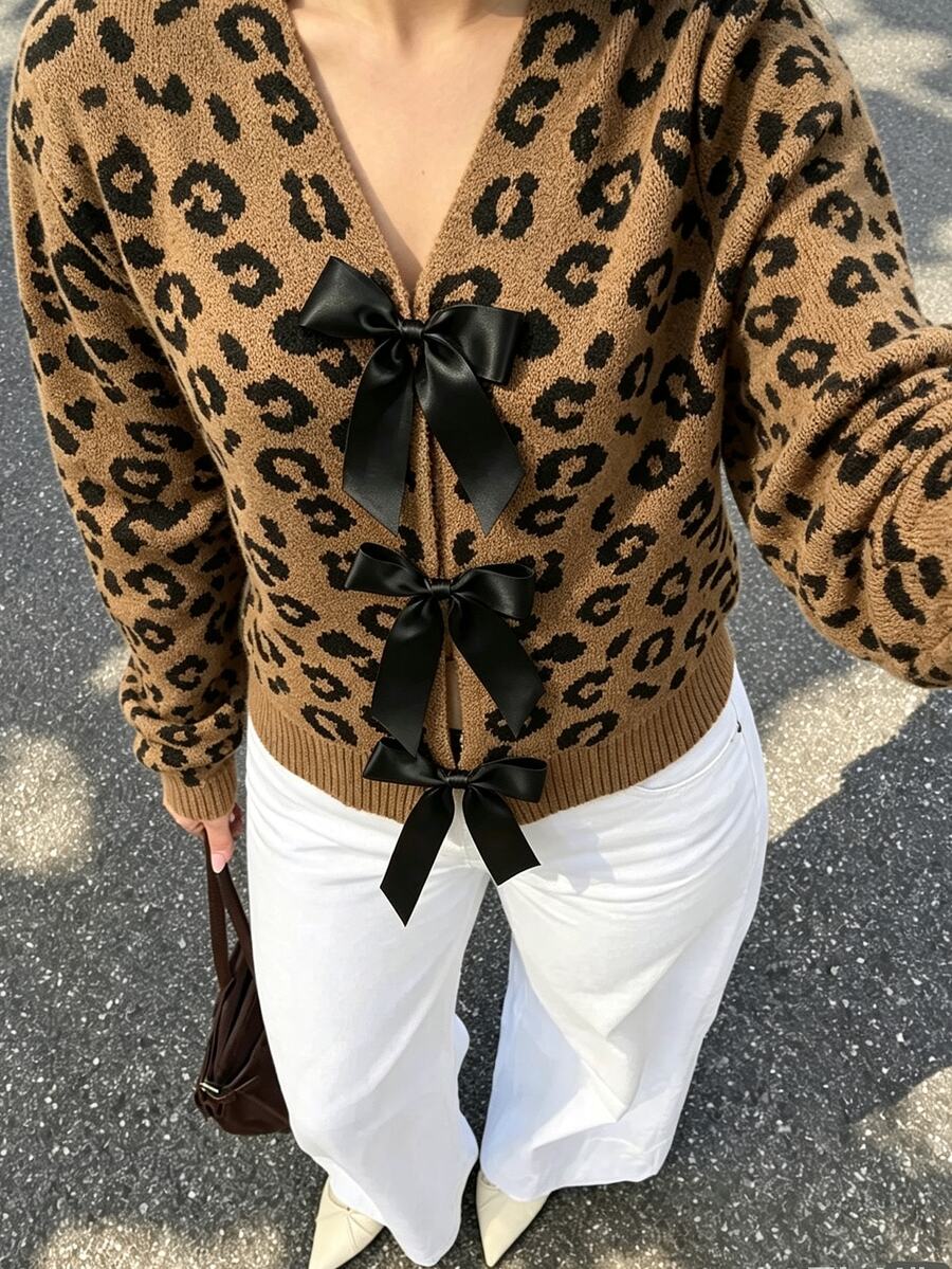 SHEIN PariChic Textured Bow Knitted Cardigan, Short V-Neck Loose Lantern Sleeve Sweater Jacket - Camel - View 1