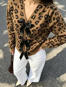 SHEIN PariChic Textured Bow Knitted Cardigan, Short V-Neck Loose Lantern Sleeve Sweater Jacket - Camel - View 3