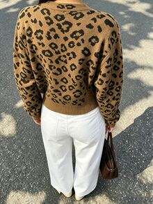 SHEIN PariChic Textured Bow Knitted Cardigan, Short V-Neck Loose Lantern Sleeve Sweater Jacket - Camel - View 2