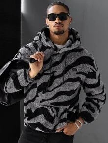 SLATEMANN Men's Autumn/Winter Long Sleeve Hooded Fleece Sweatshirt Kangaroo Pocket, Small Leather Patch, Tiger Print Fabric, Streetwear, Date Night, Grey - Multicolor - View 6