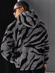 SLATEMANN Men's Autumn/Winter Long Sleeve Hooded Fleece Sweatshirt Kangaroo Pocket, Small Leather Patch, Tiger Print Fabric, Streetwear, Date Night, Grey - Multicolor - View 2