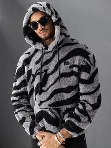 SLATEMANN Men's Autumn/Winter Long Sleeve Hooded Fleece Sweatshirt Kangaroo Pocket, Small Leather Patch, Tiger Print Fabric, Streetwear, Date Night, Grey - Multicolor - View 7