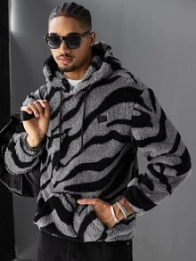 SLATEMANN Men's Autumn/Winter Long Sleeve Hooded Fleece Sweatshirt Kangaroo Pocket, Small Leather Patch, Tiger Print Fabric, Streetwear, Date Night, Grey - Multicolor - View 5