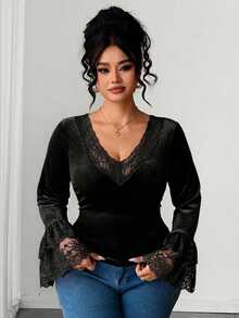 Elenzga Plus Size Women's Elegant Minimalist Commute Date Night Halloween Black Velvet Fabric And Lace Patchwork Ruffle Sleeve T-Shirt Top Autumn - Black - View 1
