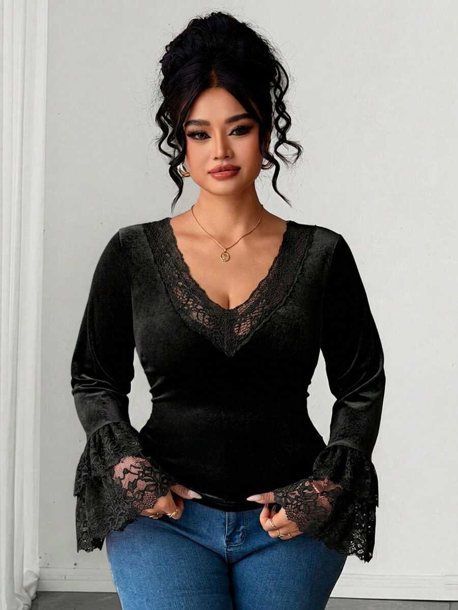 Elenzga Plus Size Women's Elegant Minimalist Commute Date Night Halloween Black Velvet Fabric And Lace Patchwork Ruffle Sleeve T-Shirt Top Autumn - Black - View 1