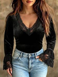 Elenzga Plus Size Women's Elegant Minimalist Commute Date Night Halloween Black Velvet Fabric And Lace Patchwork Ruffle Sleeve T-Shirt Top Autumn - Black - View 2