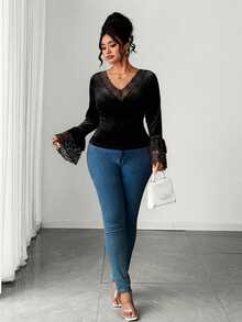 Elenzga Plus Size Women's Elegant Minimalist Commute Date Night Halloween Black Velvet Fabric And Lace Patchwork Ruffle Sleeve T-Shirt Top Autumn - Black - View 4