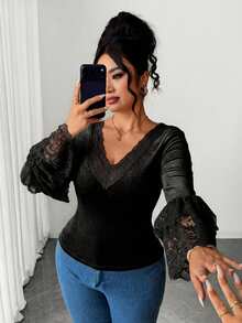 Elenzga Plus Size Women's Elegant Minimalist Commute Date Night Halloween Black Velvet Fabric And Lace Patchwork Ruffle Sleeve T-Shirt Top Autumn - Black - View 6
