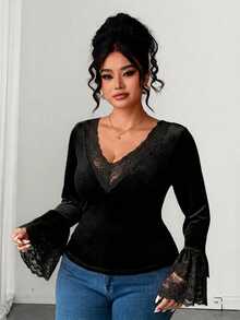 Elenzga Plus Size Women's Elegant Minimalist Commute Date Night Halloween Black Velvet Fabric And Lace Patchwork Ruffle Sleeve T-Shirt Top Autumn - Black - View 7