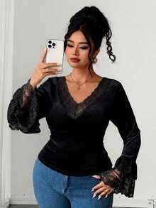 Elenzga Plus Size Women's Elegant Minimalist Commute Date Night Halloween Black Velvet Fabric And Lace Patchwork Ruffle Sleeve T-Shirt Top Autumn - Black - View 5