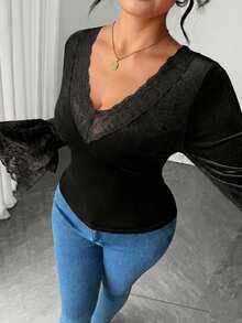 Elenzga Plus Size Women's Elegant Minimalist Commute Date Night Halloween Black Velvet Fabric And Lace Patchwork Ruffle Sleeve T-Shirt Top Autumn - Black - View 8