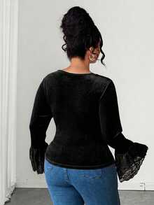 Elenzga Plus Size Women's Elegant Minimalist Commute Date Night Halloween Black Velvet Fabric And Lace Patchwork Ruffle Sleeve T-Shirt Top Autumn - Black - View 3