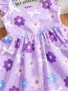 SHEIN Young Girl Young Girl Young Girl Young Girl Young Girl Woven Floral Bow Pattern Square Neck Ruffle Hem Casual Dress - Purple - View 5