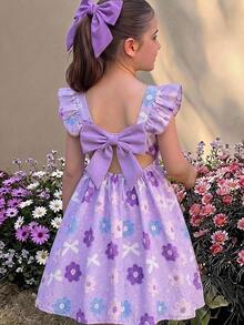 SHEIN Young Girl Young Girl Young Girl Young Girl Young Girl Woven Floral Bow Pattern Square Neck Ruffle Hem Casual Dress - Purple - View 1