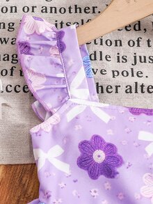 SHEIN Young Girl Young Girl Young Girl Young Girl Young Girl Woven Floral Bow Pattern Square Neck Ruffle Hem Casual Dress - Purple - View 4