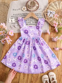 SHEIN Young Girl Young Girl Young Girl Young Girl Young Girl Woven Floral Bow Pattern Square Neck Ruffle Hem Casual Dress - Purple - View 2