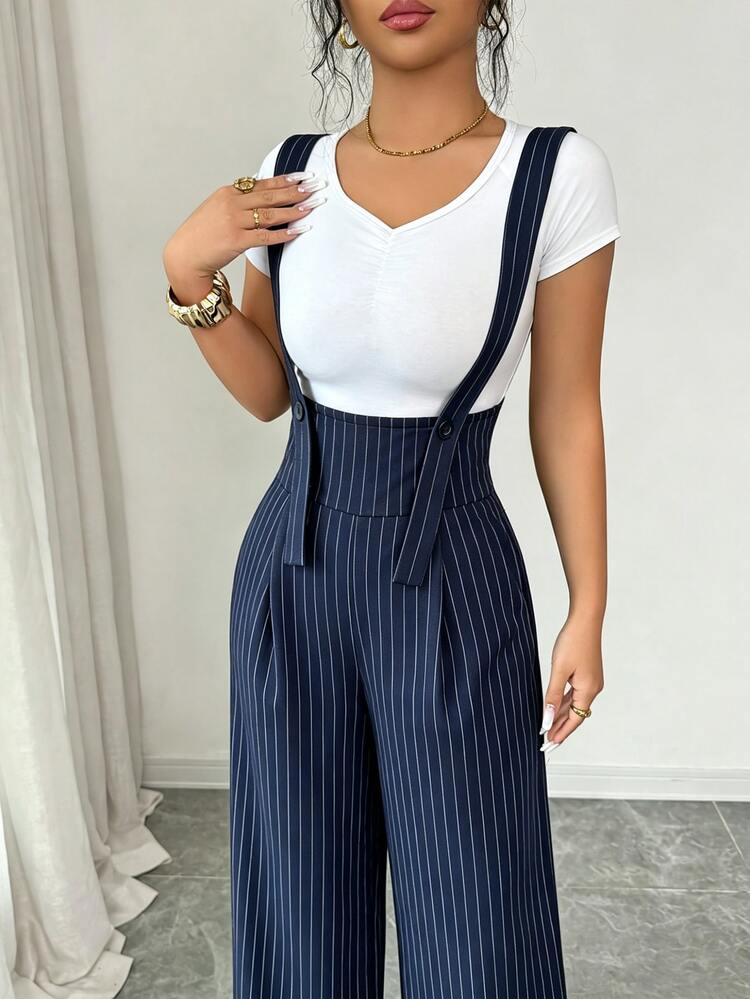 Elenzga New Striped French Elegant Fashion Design High Cinched Waist Straight Wide Leg Loose Casual Everyday Versatile Women Jumpsuit - Navy Blue - View 6