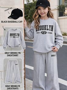 Girls' Casual Fashion Street Style Crew Neck Loose Long Sleeve Letter Logo Top & Wide Leg Pants Grey 2-Piece Set Autumn/Winter - Grey - View 1