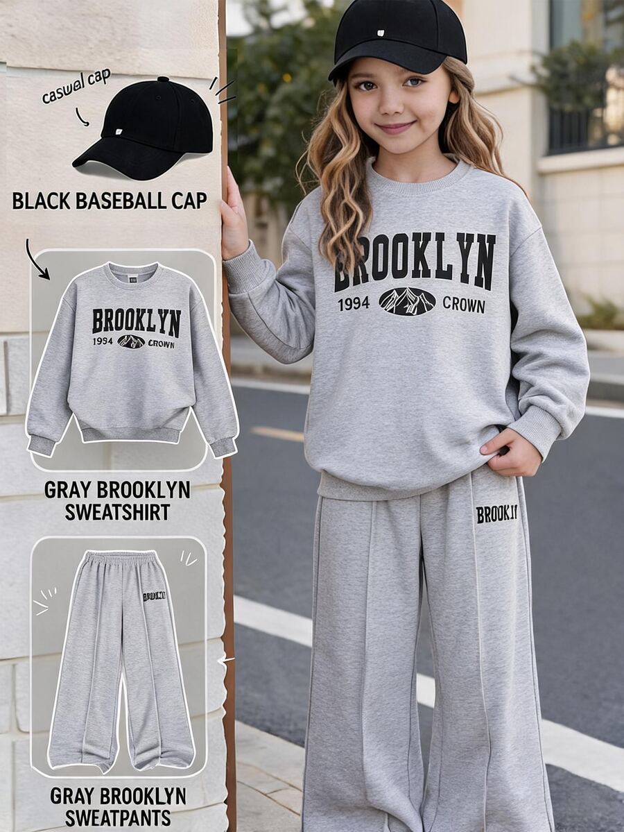 Girls' Casual Fashion Street Style Crew Neck Loose Long Sleeve Letter Logo Top & Wide Leg Pants Grey 2-Piece Set Autumn/Winter - Grey - View 1