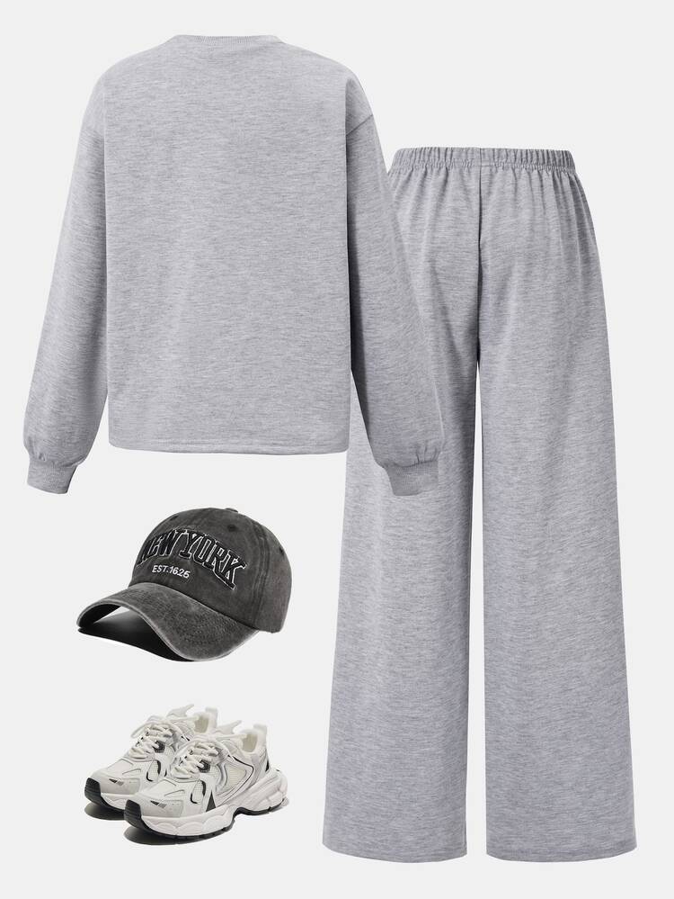 Girls' Casual Fashion Street Style Crew Neck Loose Long Sleeve Letter Logo Top & Wide Leg Pants Grey 2-Piece Set Autumn/Winter - Grey - View 5