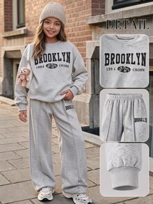 Girls' Casual Fashion Street Style Crew Neck Loose Long Sleeve Letter Logo Top & Wide Leg Pants Grey 2-Piece Set Autumn/Winter - Grey - View 2