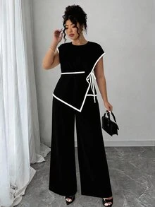 Elenzga Asymmetrical Waist Cinched Short Sleeve Plus Size 2 Pieces Set - Black and White - View 4