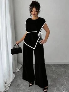 Elenzga Asymmetrical Waist Cinched Short Sleeve Plus Size 2 Pieces Set - Black and White - View 3