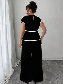 Elenzga Asymmetrical Waist Cinched Short Sleeve Plus Size 2 Pieces Set - Black and White - View 2