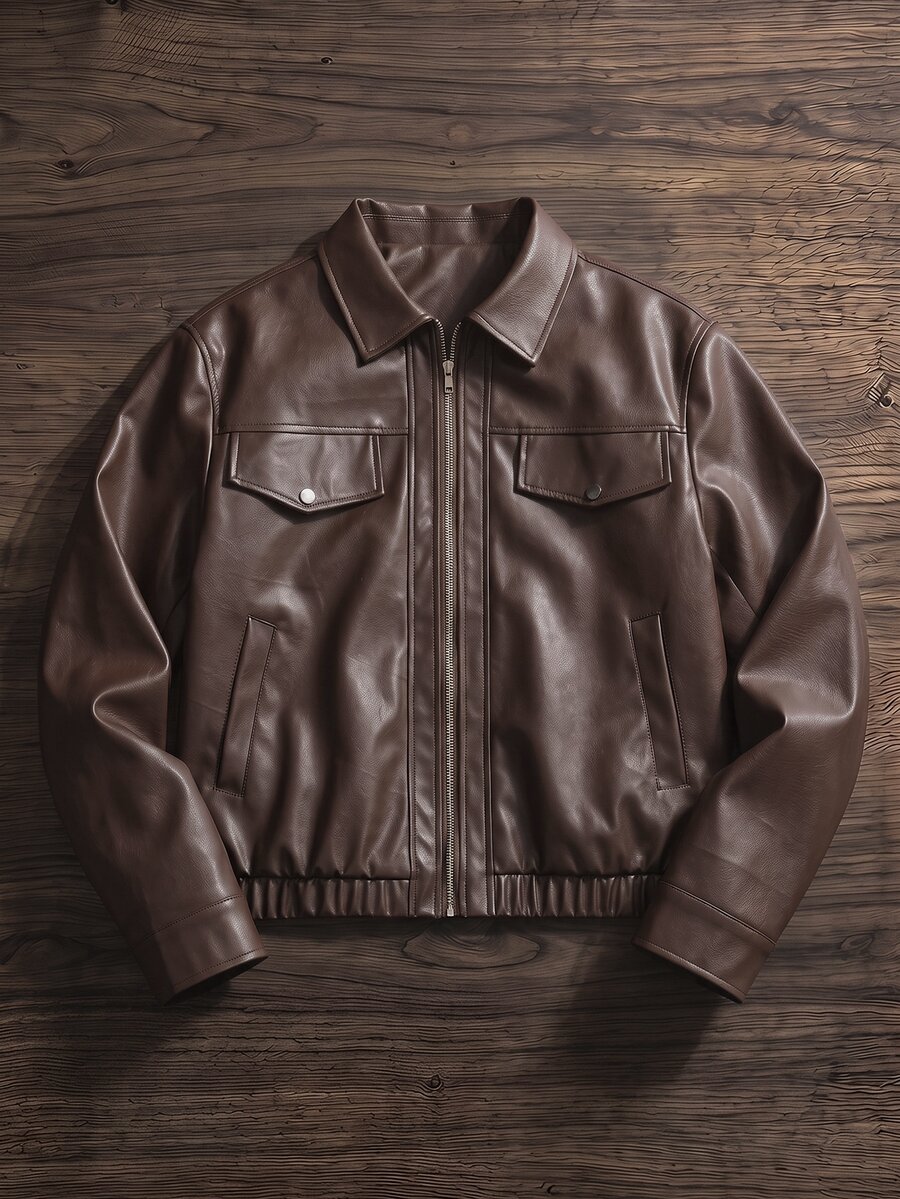 SWAVVY Men's Solid Color Zipper Front Casual PU Leather Jacket - Brown - View 1
