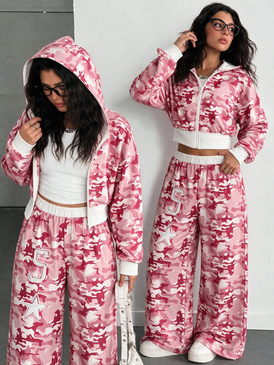 Girls (Plus Size) Autumn/Winter Street Style Camouflage Print Zip-Up Hoodie And Loose Wide Leg Sweatpants Set - Pink - View 1