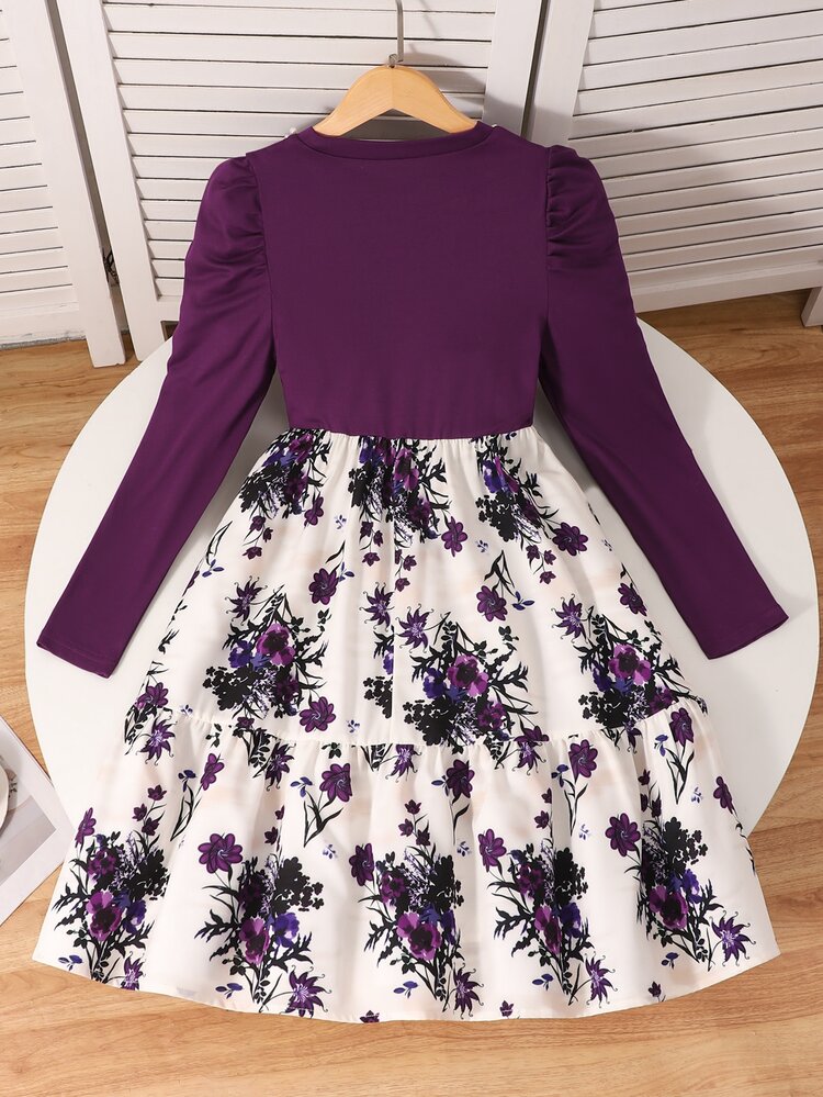 SHEIN Long Sleeve Puff Dress, Fall Dresses, Tween Girl Vintage Floral Patchwork, Floral Hem, A-Line Silhouette, Suitable For Spring And Autumn - Purple - View 3