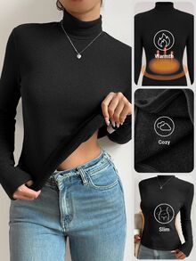 Fluxe Women Turtleneck Long Sleeve Slim Fit Thermal Lined Warm Top Solid Color Fall Winter Layering Gym Workout Casual Athletic Fitted Base Layer Shirt - Black - View 3