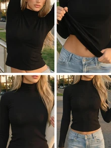 Fluxe Women Turtleneck Long Sleeve Slim Fit Thermal Lined Warm Top Solid Color Fall Winter Layering Gym Workout Casual Athletic Fitted Base Layer Shirt - Black - View 13