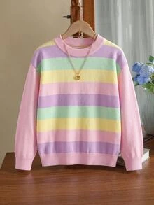 SHEIN 秋冬季青少年女孩粉色可愛圓領長袖條紋針織毛衣套頭衫，返校季，舒適柔軟，節慶聖誕 - 粉色 - 查看 8