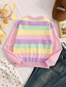 SHEIN 秋冬季青少年女孩粉色可愛圓領長袖條紋針織毛衣套頭衫，返校季，舒適柔軟，節慶聖誕 - 粉色 - 查看 2