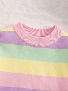 SHEIN 秋冬季青少年女孩粉色可愛圓領長袖條紋針織毛衣套頭衫，返校季，舒適柔軟，節慶聖誕 - 粉色 - 查看 3