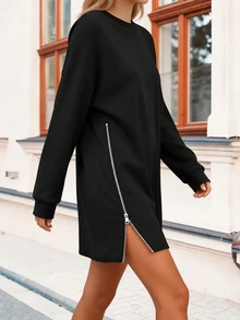 SHEIN EZwear 女士宽松纯色休闲长袖拉链中长连衣裙 - 黑色 - 查看 4