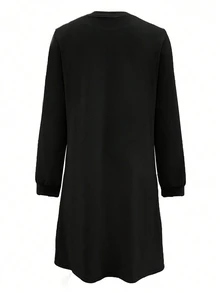 SHEIN EZwear 女士宽松纯色休闲长袖拉链中长连衣裙 - 黑色 - 查看 2