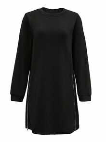 SHEIN EZwear 女士宽松纯色休闲长袖拉链中长连衣裙 - 黑色 - 查看 3