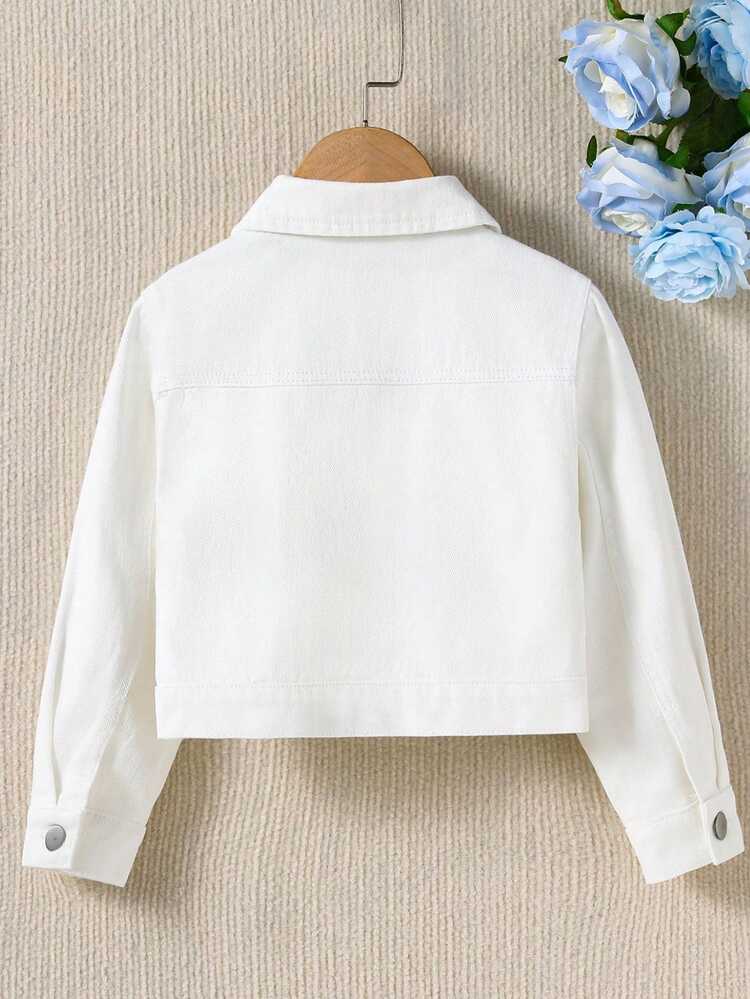 SHEIN Elladie kids Young Girl Ripped Flap Pocket Denim Jacket - White - View 2
