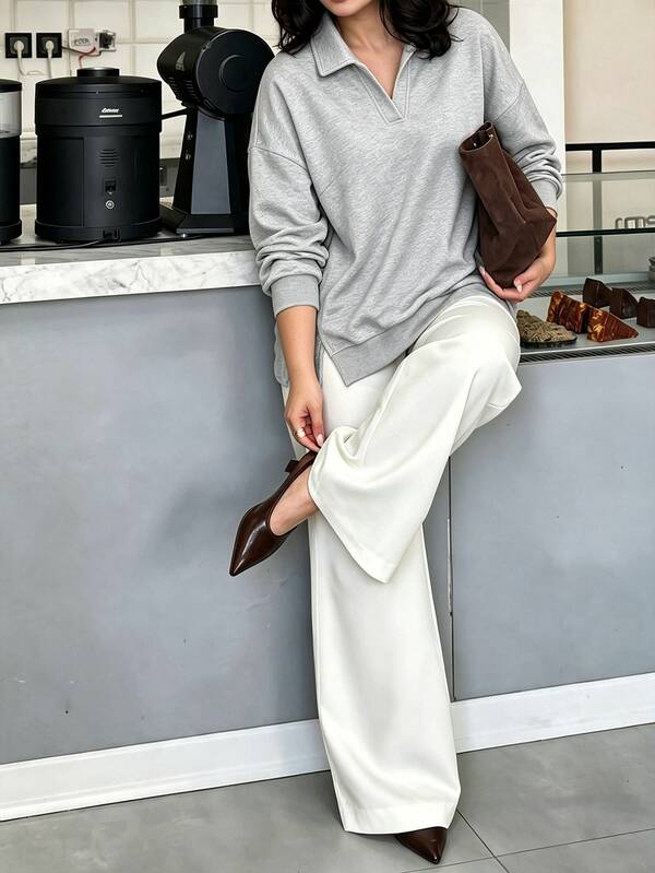 Easura Plus Size Women's Autumn/Winter Shirt Collar Drop Shoulder Split Hem Front Short Back Long Casual Daily Commute Sweatshirt