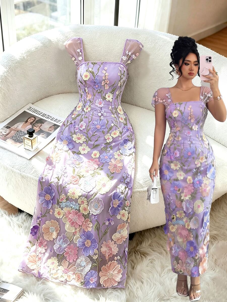SHEIN Clasi 大尺碼夏季優雅3D花卉刺繡洋裝 - 紫色 - 查看 1