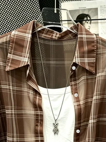 INAWLY Plus Size Casual Commute Plaid Shirt - Coffee Brown - View 4