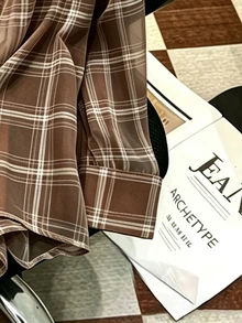 INAWLY Plus Size Casual Commute Plaid Shirt - Coffee Brown - View 3