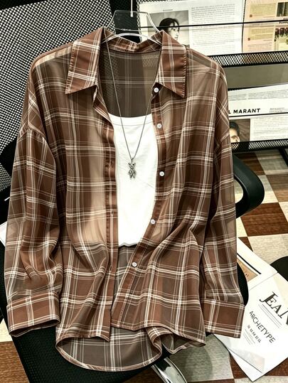 INAWLY Plus Size Casual Commute Plaid Shirt