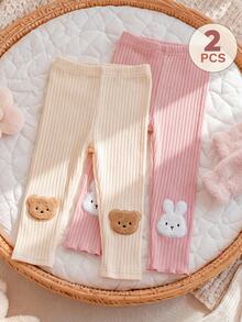 SHEIN 2件組女嬰幼兒女童羅紋打底褲，可愛甜美優雅粉色奶油色，熊兔貼花荷葉邊，常規款，適合生日派對、秋季回歸 - 彩色 - 查看 3