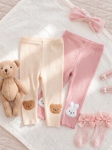 SHEIN 2件組女嬰幼兒女童羅紋打底褲，可愛甜美優雅粉色奶油色，熊兔貼花荷葉邊，常規款，適合生日派對、秋季回歸 - 彩色 - 查看 4