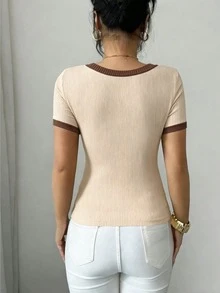Elenzga Women's Colorblock Round Neck Short Sleeve Casual Ribbed T-Shirt Everyday School Brown And Cream Summer - Apricot - View 4