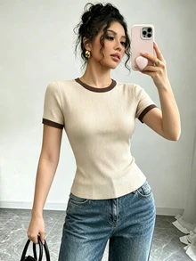 Elenzga Women's Colorblock Round Neck Short Sleeve Casual Ribbed T-Shirt Everyday School Brown And Cream Summer - Apricot - View 2